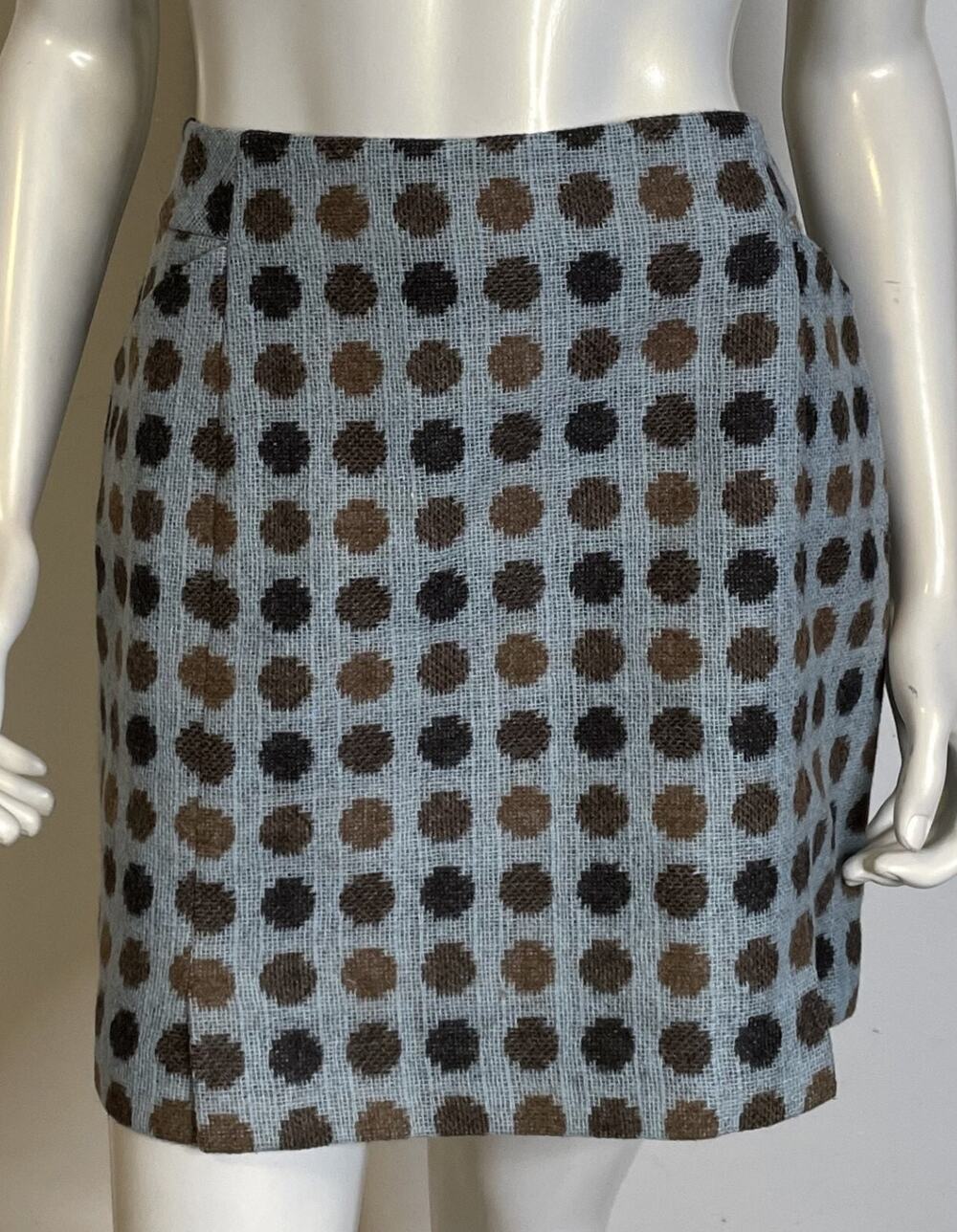 Boden British Tweed by Moon Blue Brown Wool Skirt US8P Polka Dot Pockets